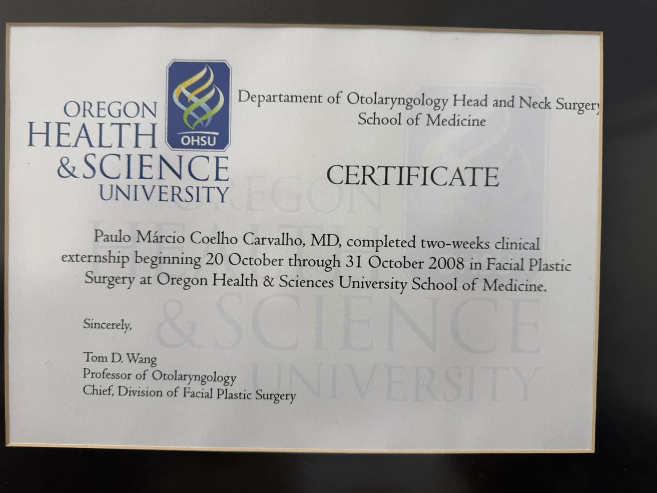 Certificado da Oregon Health & Science University